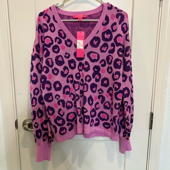 Lilly Pulitzer Jasmina Leopard Print Purple and Pink V-Neck Sweater - Picture 2 of 9